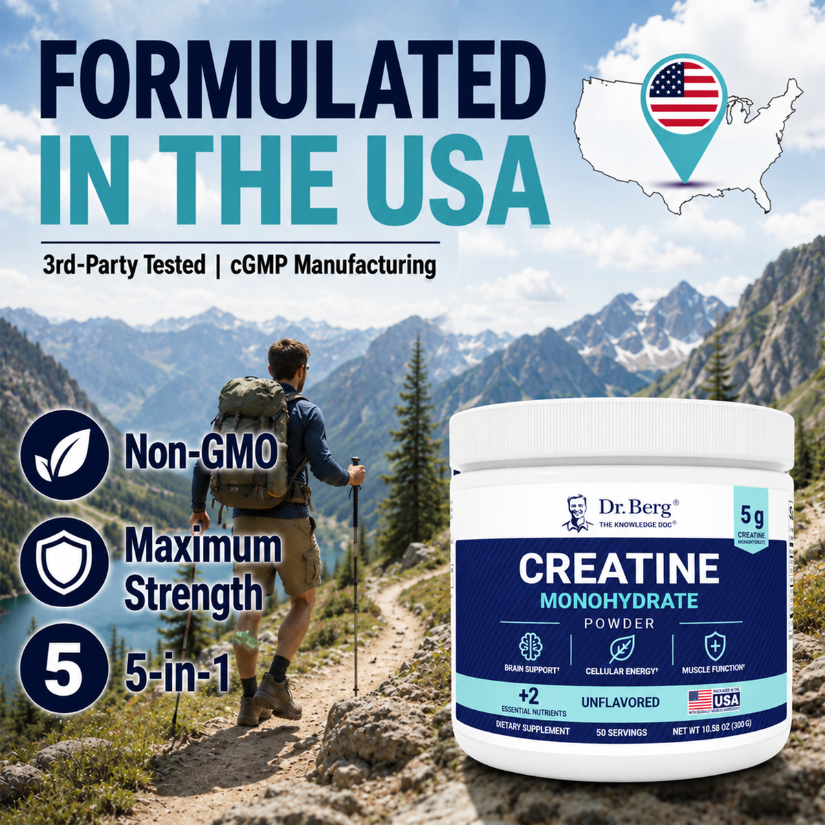 “Formulated in the USA” graphic for Dr. Berg Creatine Monohydrate Powder, highlighting non-gmo, maximum strength, and 5-in-1 support claims, with a hiker on a mountain trail in the background.