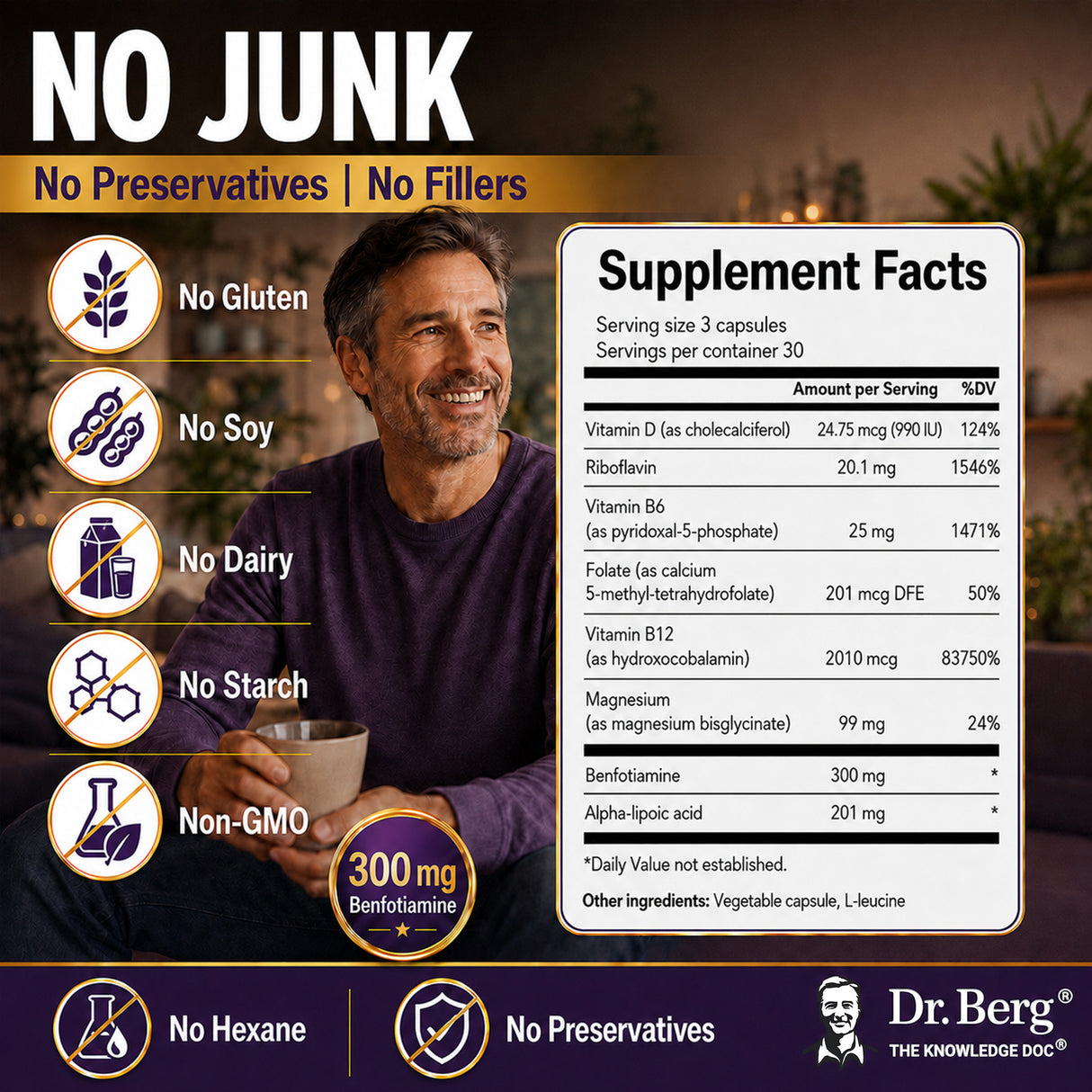 “No Junk, No Preservatives, No Fillers” graphic for Dr. Berg Benfotiamine, highlighting no gluten, no soy, no dairy, no starch, no hexane, no preservatives, and non-GMO, with Supplement Facts.