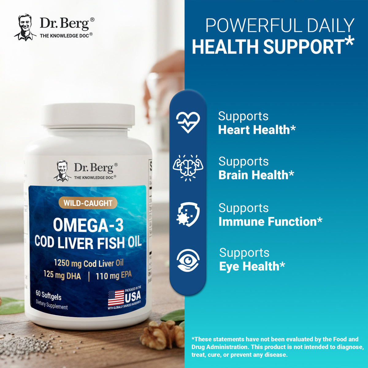 “Powerful daily health support” graphic for Dr. Berg Omega-3 Cod Liver Fish Oil, highlighting supports heart health, supports brain health, supports immune function, supports eye health.