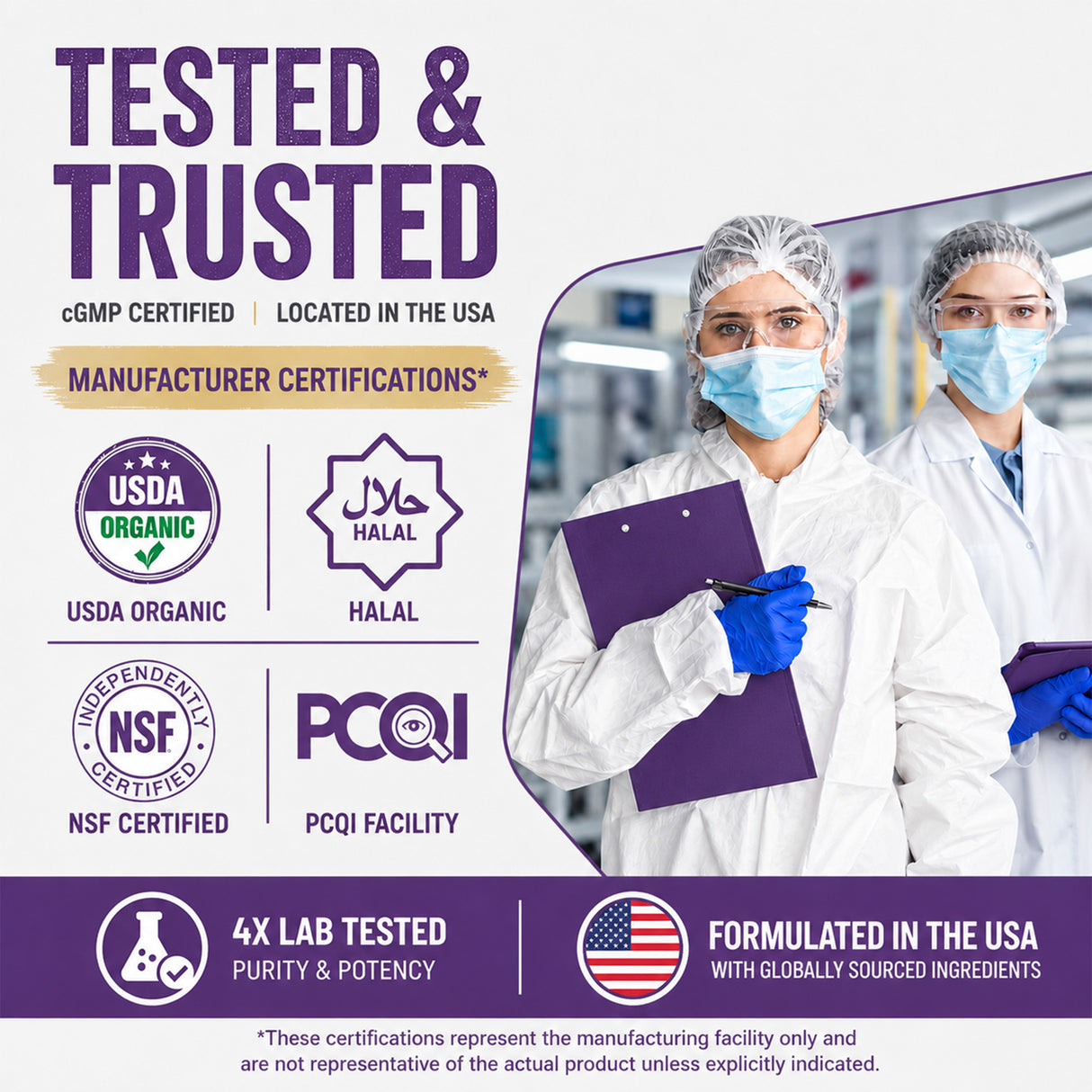 Two people in lab coats with a “Tested & Trusted” certifications graphic highlighting USDA Organic, Halal, NSF Certified, PCQI, 4X lab tested for purity and potency, and formulated in the USA.