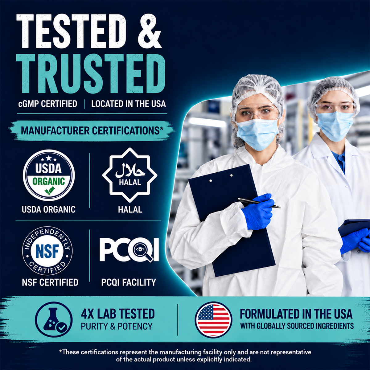 Two people in lab coats with a “Tested & Trusted” certifications graphic highlighting USDA Organic, Halal, NSF Certified, PCQI, 4X lab tested for purity and potency, and formulated in the USA.