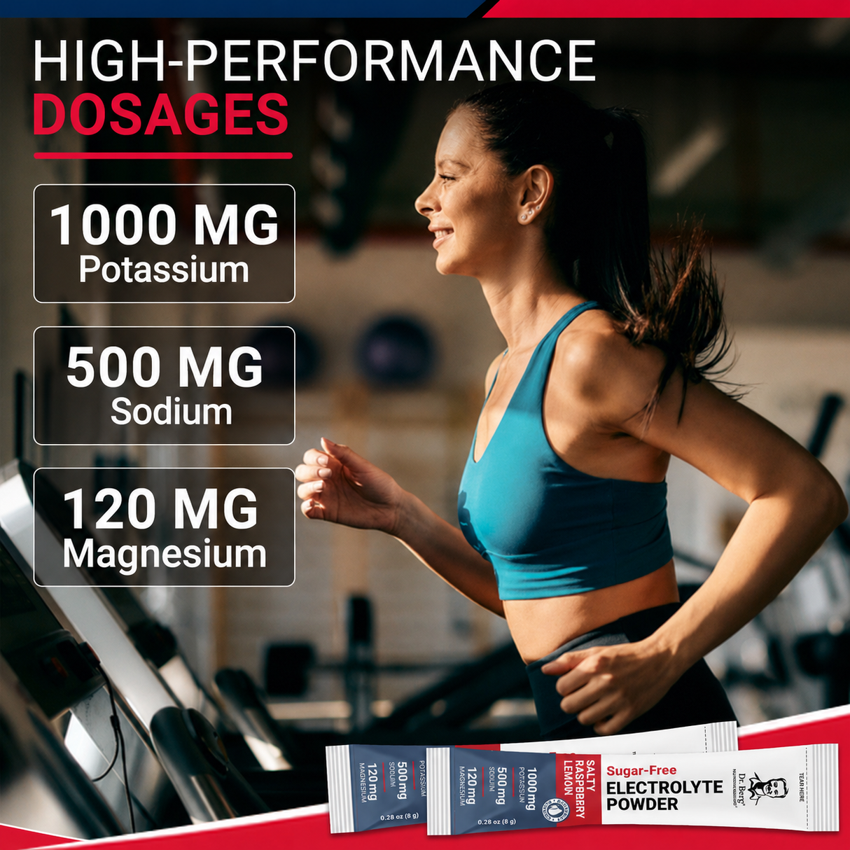 “High-Performance Dosages” graphic for Dr. Berg Sugar-Free Electrolyte Powder in Salty Raspberry Lemon, highlighting 1,000 mg potassium, 500 mg sodium, and 120 mg magnesium, with a person running on a treadmill.