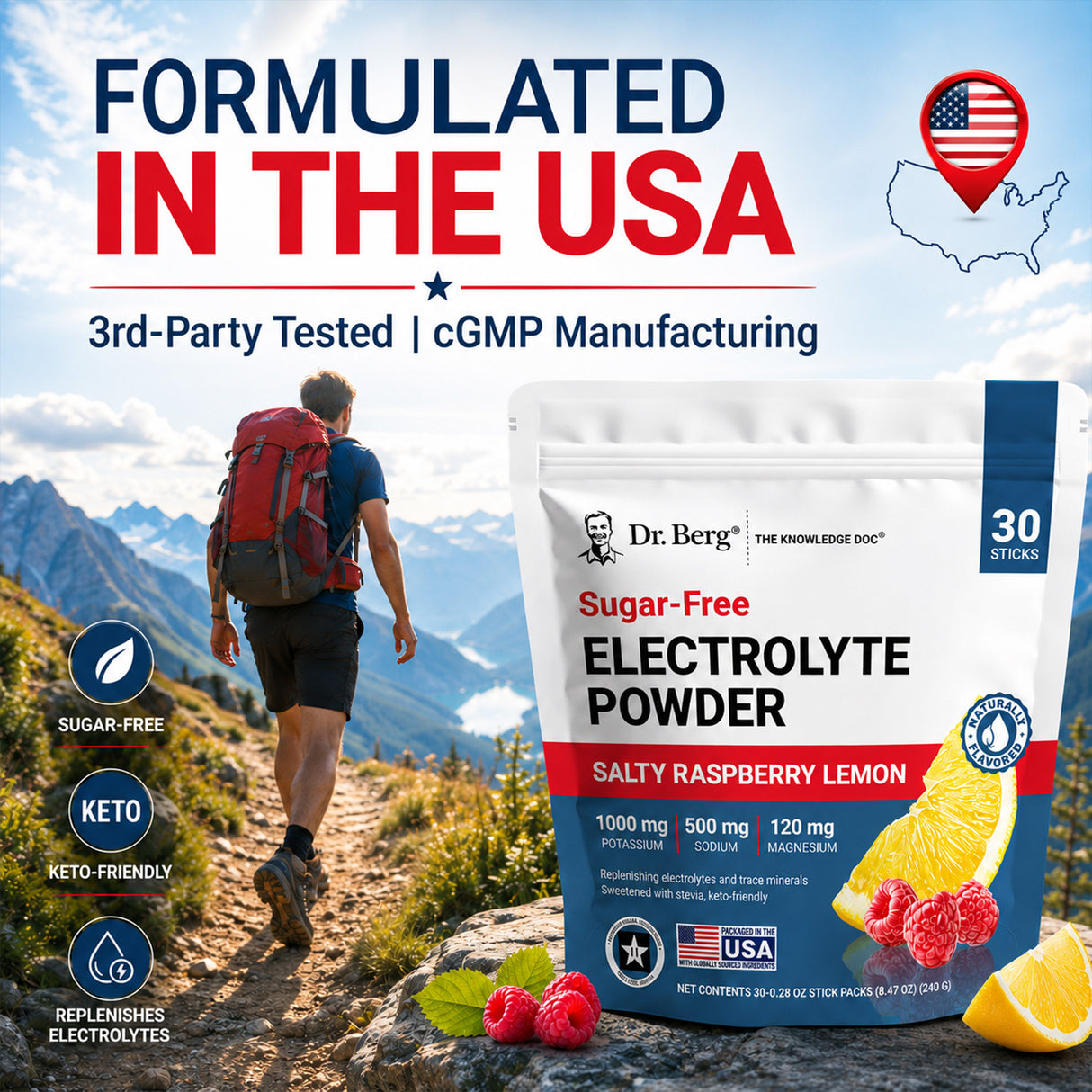 “Formulated in the USA” graphic for Dr. Berg Sugar-Free Electrolyte Powder in Salty Raspberry Lemon, highlighting sugar-free, keto-friendly, replenishes electrolytes, third-party tested, and cGMP manufacturing claims, with a hiker on a mountain trail in the background.