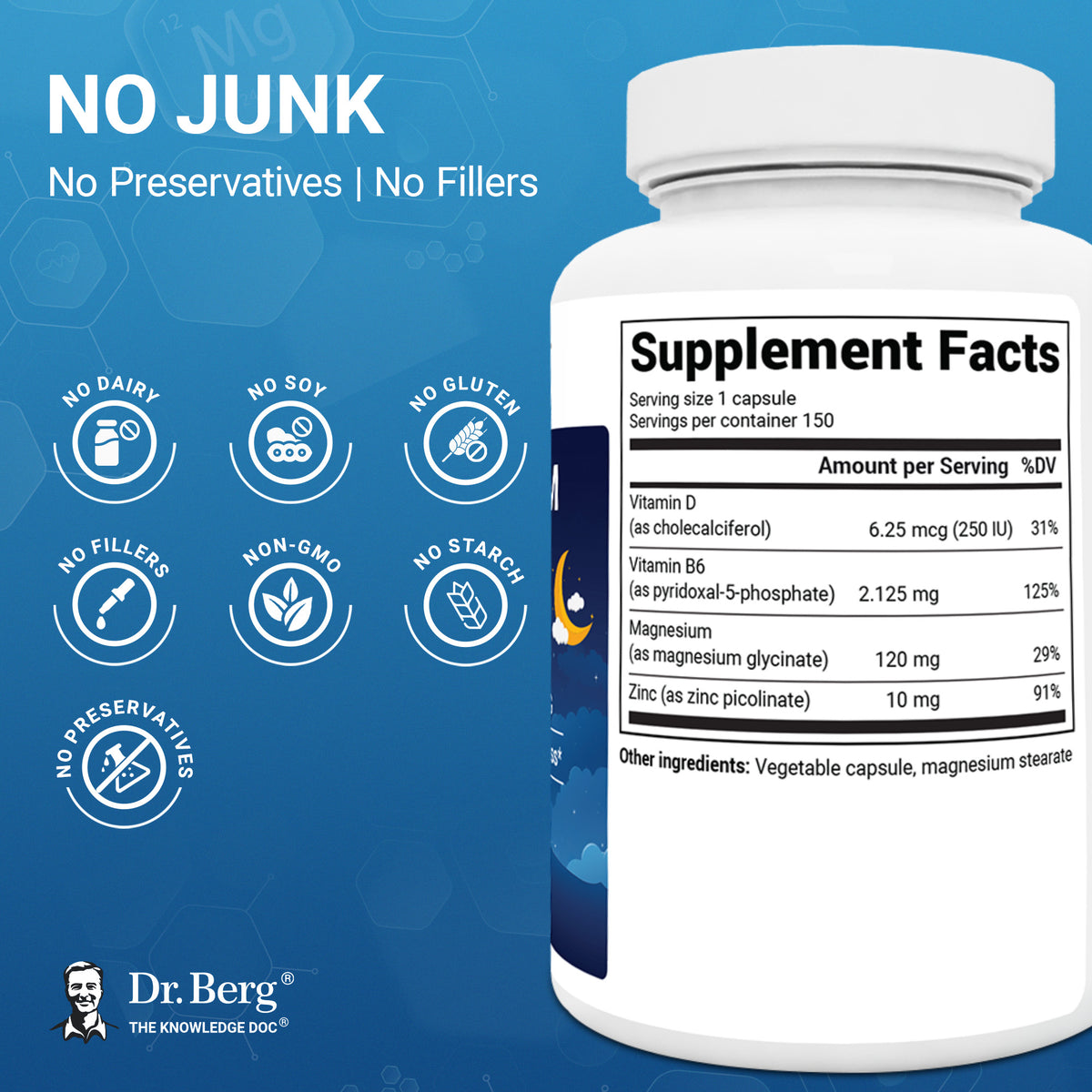 Magnesium Glycinate bottle labeled “No Junk,” highlighting no preservatives, no fillers, and other clean-ingredient claims.