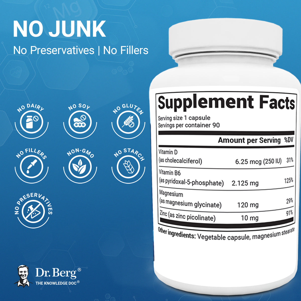 Magnesium Glycinate bottle labeled “No Junk,” highlighting no preservatives, no fillers, and other clean-ingredient claims.
