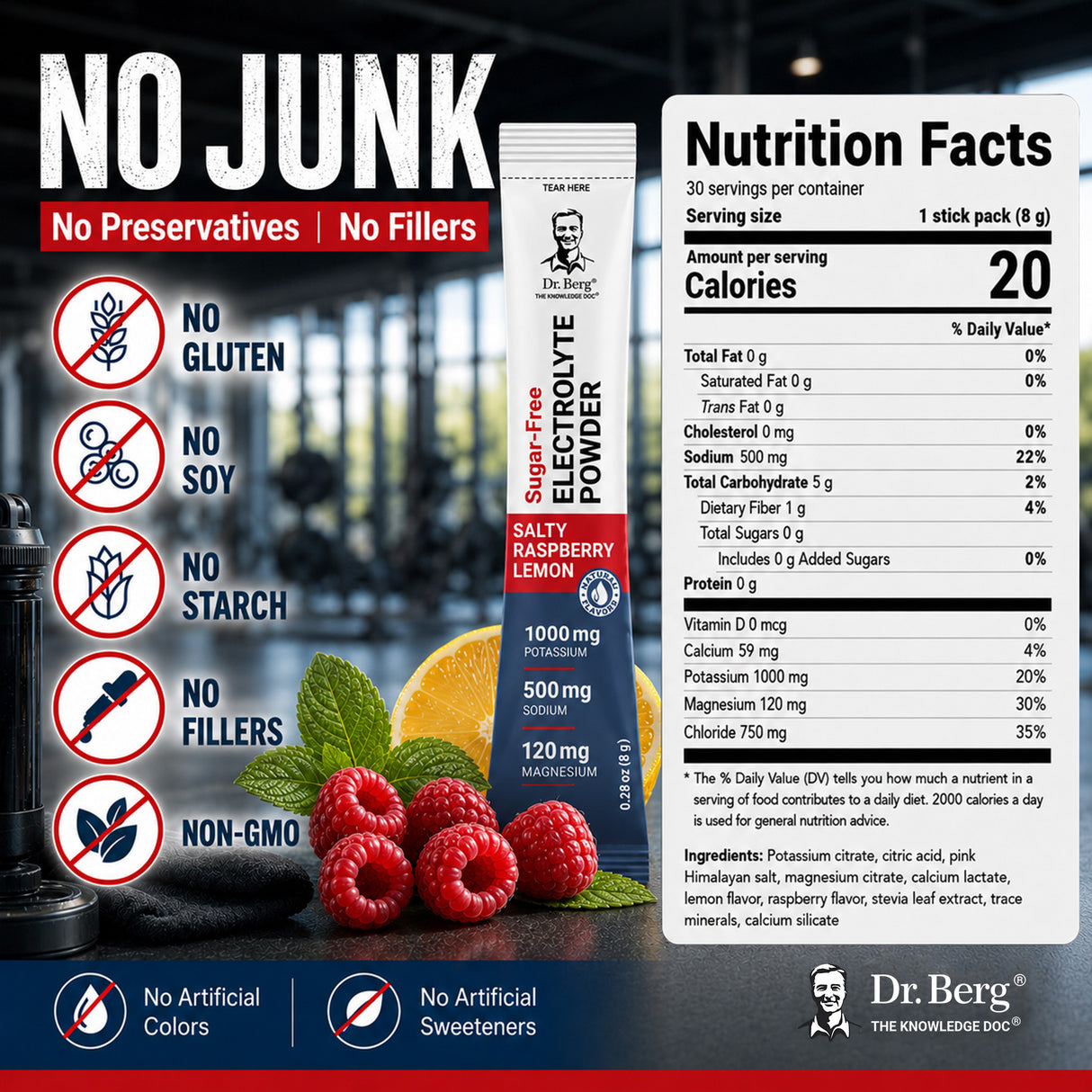 “No Junk, No Preservatives, No Fillers” graphic for Dr. Berg Sugar-Free Electrolyte Powder in Salty Raspberry Lemon, highlighting no gluten, no soy, no starch, no fillers, and non-GMO, with a single-serve packet and Nutrition Facts and ingredients.