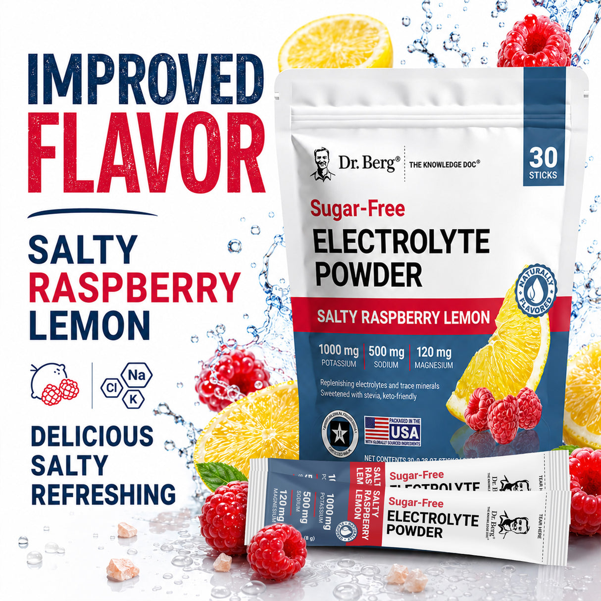 “Improved Flavor” graphic for Dr. Berg Electrolyte Powder in Salty Raspberry Lemon, highlighting a salty, refreshing, and delicious flavor, with single-serve sticks, raspberries, lemons, and water splash graphics.