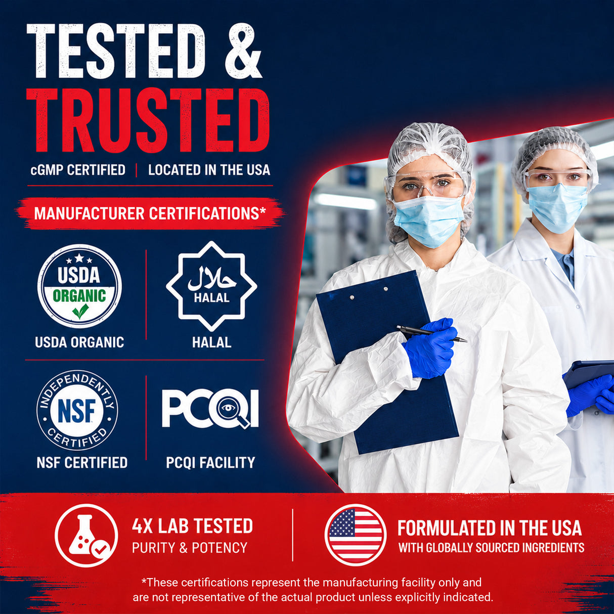Two people in lab coats with a “Tested & Trusted” certifications graphic highlighting USDA Organic, Halal, NSF Certified, PCQI, 4X lab tested for purity and potency, and formulated in the USA.