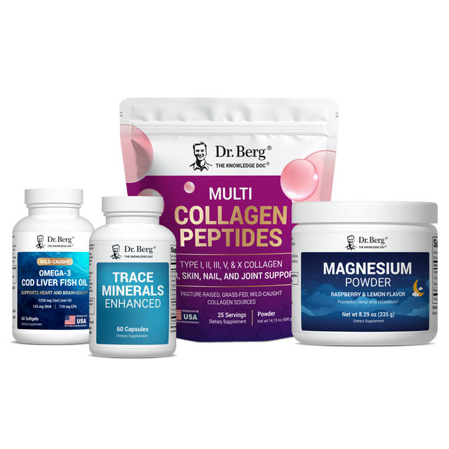Dr. Berg supplement products including capsules, powder, and multivitamin on a white background