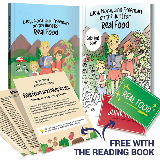 Illustration of children's storybook and coloring book featuring Lucy, Nora, and Freeman, with printable flashcards about real food.