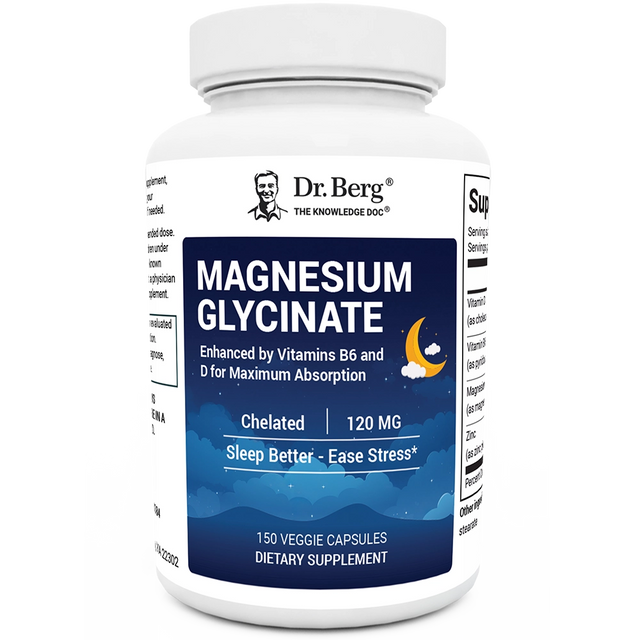 Magnesium Glycinate with added vitamin B6 and D, 150 capsules, front view, bottle with Dr. Berg branding.