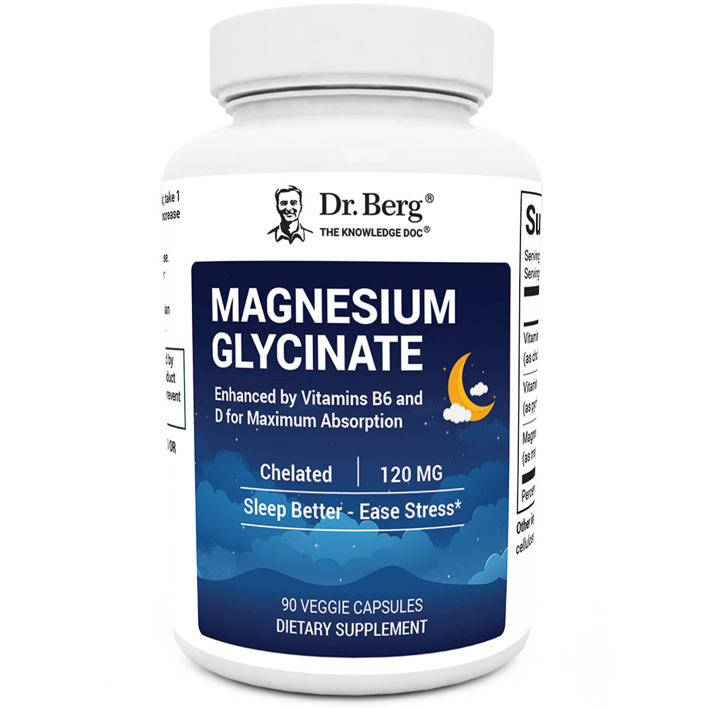 Magnesium Glycinate, 90 veggie capsules, front view, bottle with Dr. Berg branding and night sky design on the label.