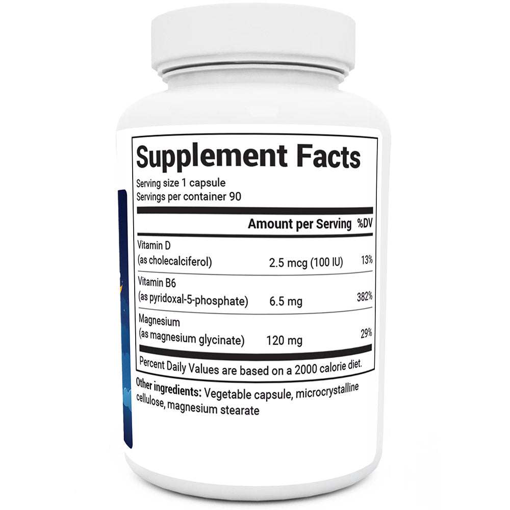 Magnesium Glycinate bottle label, right side view, supplement facts. 