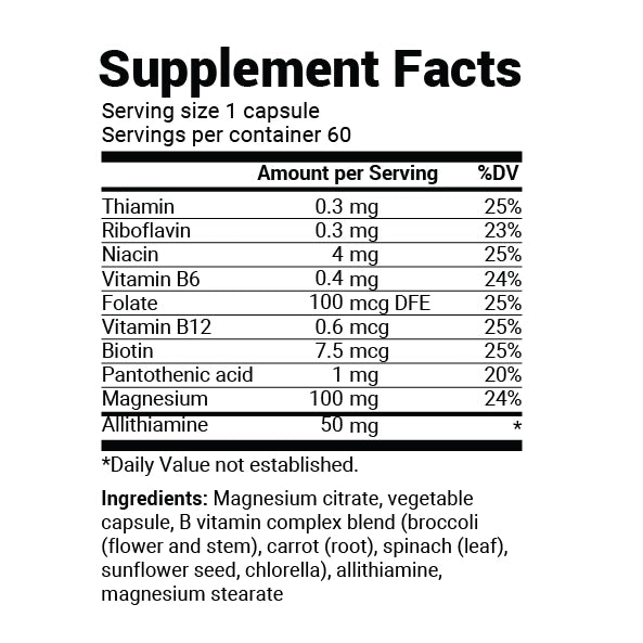 Natural Vitamin B1+ supplement facts panel with ingredients.