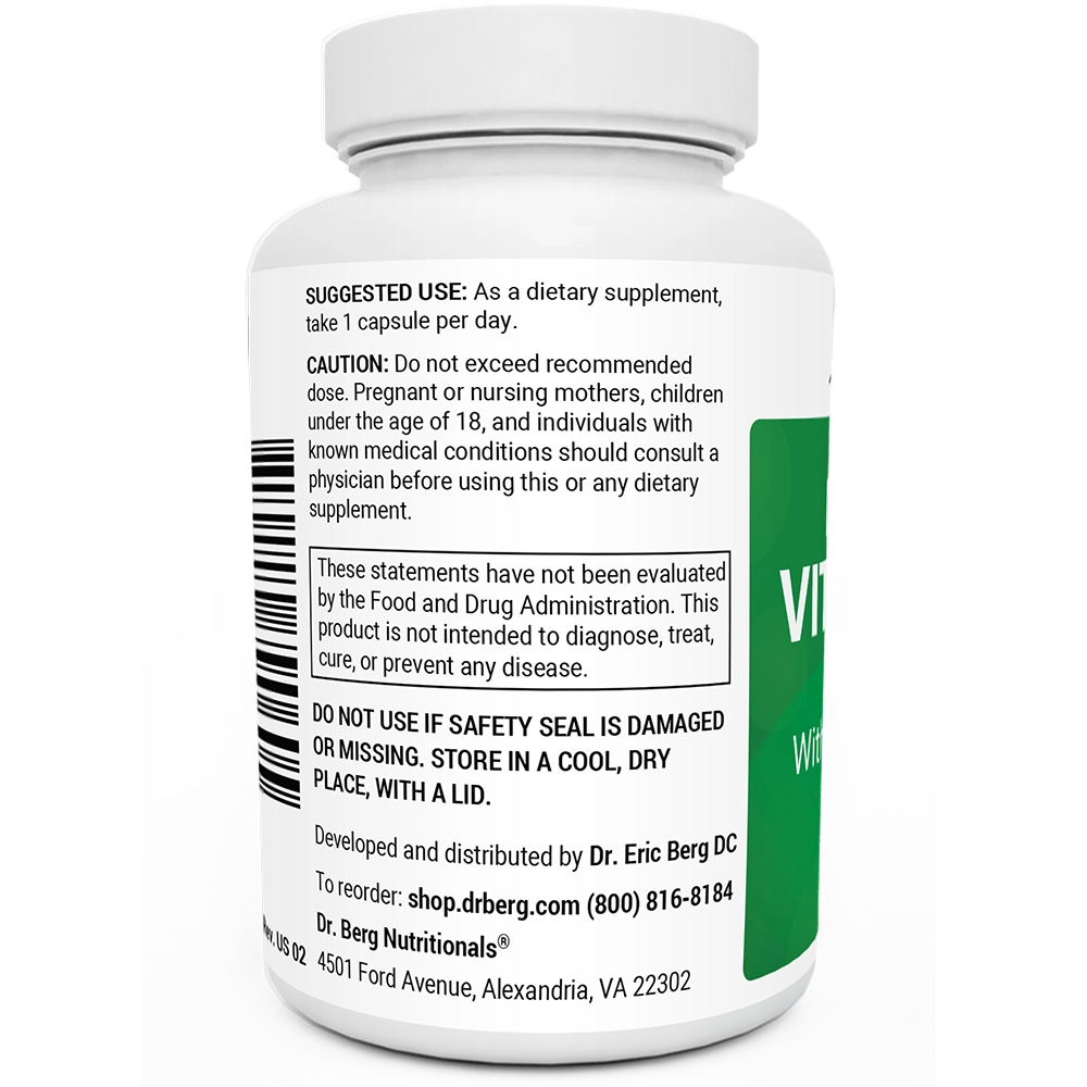 Natural Vitamin B1+ bottle label, left side view, suggested use instructions, safety warning details.