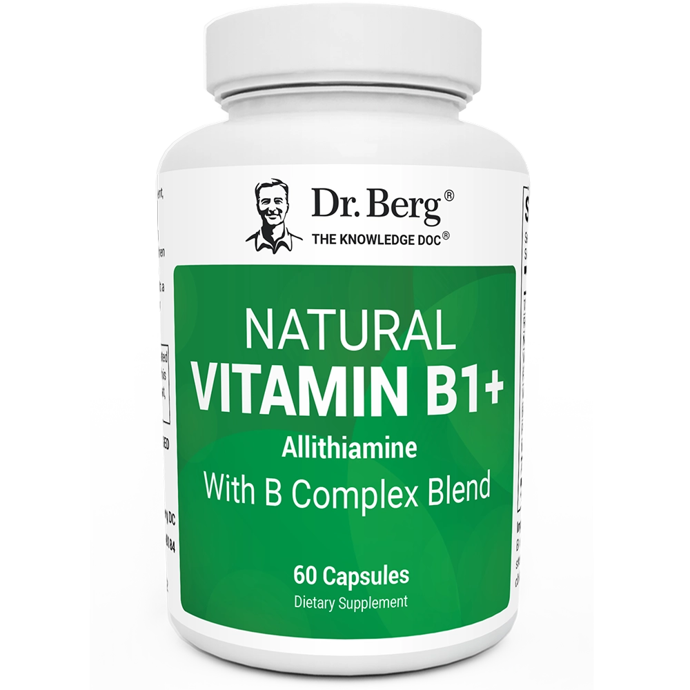 Natural Vitamin B1+, 60 capsules, front view, bottle with Dr. Berg branding.