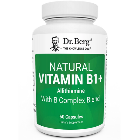 Natural Vitamin B1+, 60 capsules, front view, bottle with Dr. Berg branding.