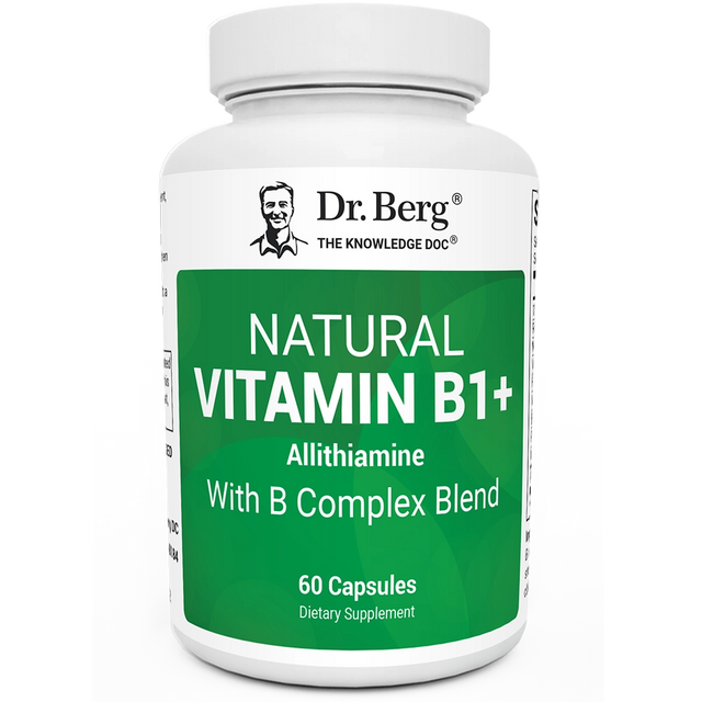 Natural Vitamin B1+, 60 capsules, front view, bottle with Dr. Berg branding.