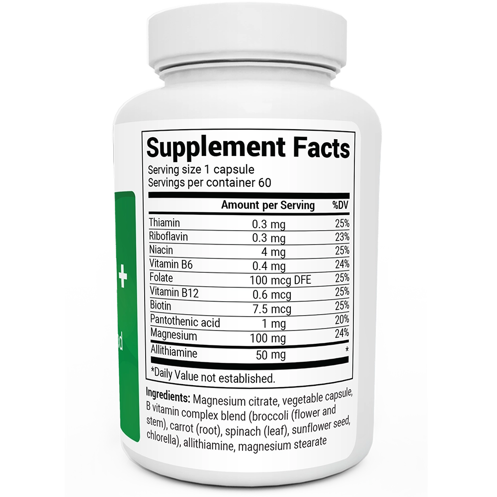 Natural Vitamin B1+ bottle label, right side view, supplement facts. 