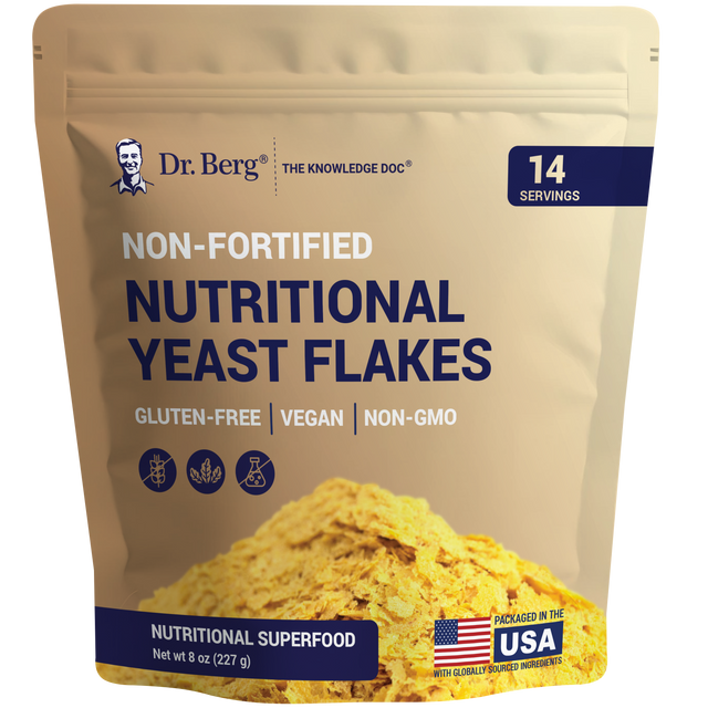 Nutritional Yeast Flakes, 8 ounces, front view, bag with Dr. Berg branding and flakes of yeast on the cover.