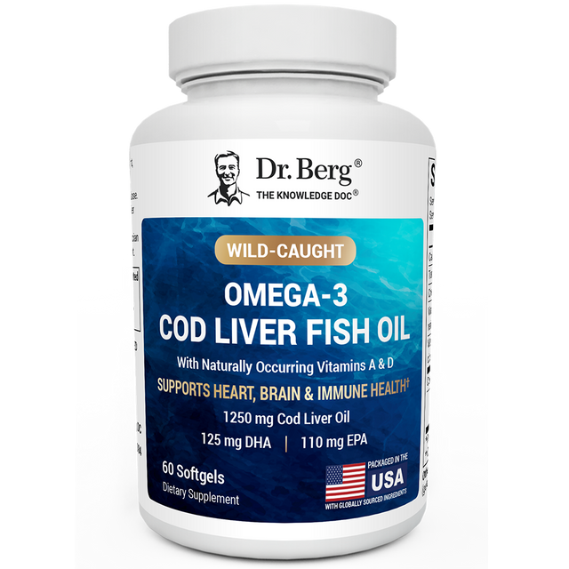 Omega-3 Cod Liver Fish Oil, Wild-caught, 60 softgels, front view, Dr. Berg branding, packaged in the U.S.A.