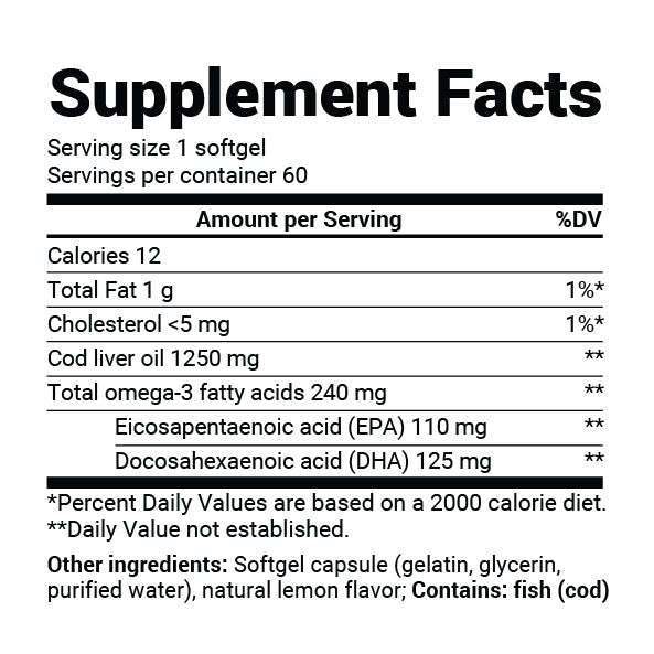Close-up view of Wild-Caught Omega-3 Cod Liver Fish Oil supplement facts label.