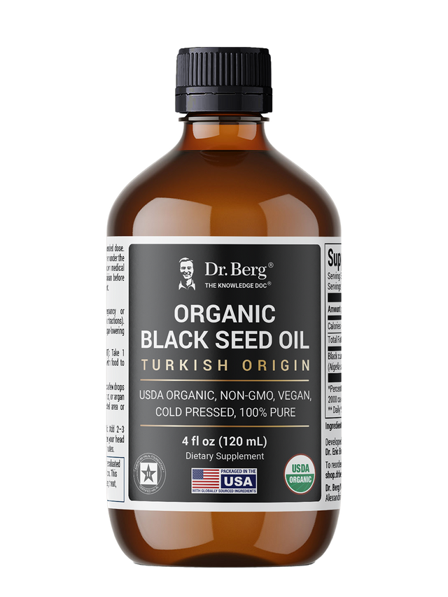 Organic Black Seed Oil, in 4 fluid ounces dark glass bottle, front view, Dr. Berg branding, packaged in the U.S.A.