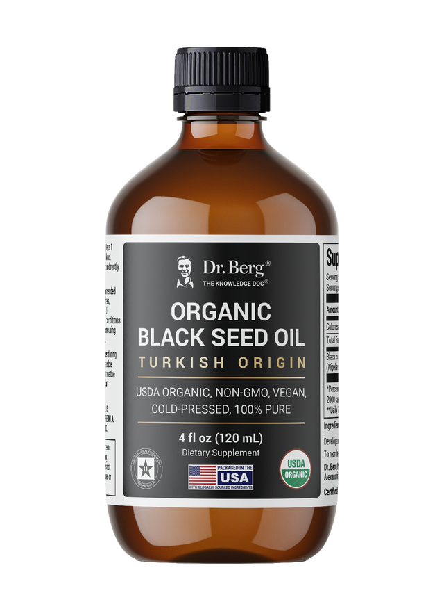 Organic Black Seed Oil, in 4 fluid ounces dark glass bottle, front view, Dr. Berg branding, packaged in the U.S.A.