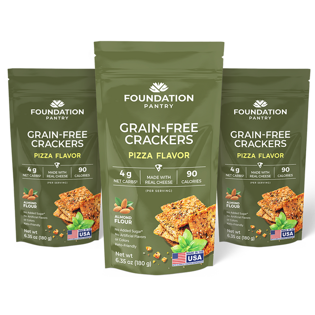 Three packages of Foundation Pantry Grain-Free Crackers Pizza Flavor.