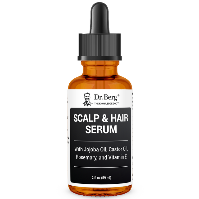 Scalp and Hair Serum with 15 phytonutrient-rich essential oils, 2 fluid ounces, front view, glass bottle with dropper, Dr. Berg branding.