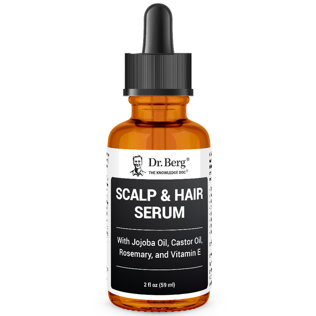 Scalp and Hair Serum with 15 phytonutrient-rich essential oils, 2 fluid ounces, front view, glass bottle with dropper, Dr. Berg branding.