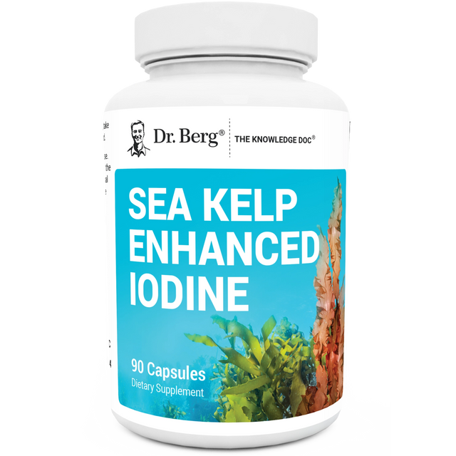 Sea Kelp Enhanced Iodine, 90 capsules, front view, bottle with Dr. Berg branding and seaweeds on the cover.