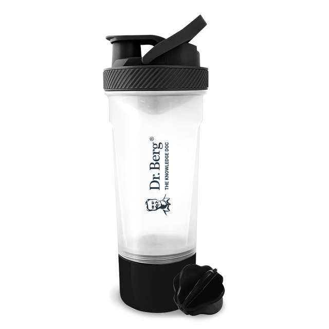 Shaker bottle with 'DrBerg.com - Get Healthy, Lose Weight and Feel Great!' written on it. Clear plastic bottle with a screw-on cap, separate mixing ball. Holds 24 ounces.