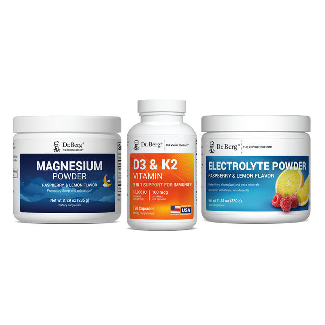 Three Dr. Berg supplement products on a white background