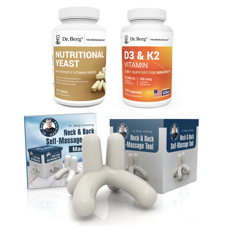Stress Relief Booster bundle featuring Dr. Berg Nutritional Yeast Tablets, D3 & K2 Vitamin 10,000 IU and Neck & Back Self-Massage Tool.