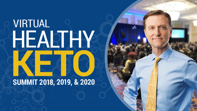 Dr. Berg stands confidently with one hand on his hip, smiling softly. Behind him, a conference audience is visible. Text beside him reads: “Virtual Healthy Keto Summit 2018, 2019, and 2020.”