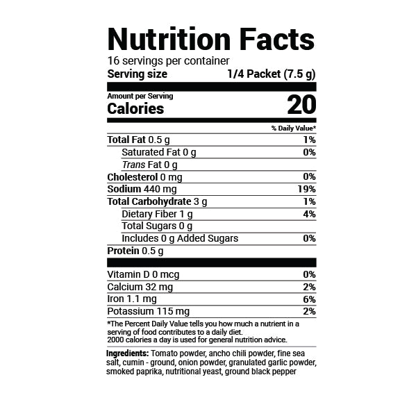Foundation Pantry Metabolic Taco Seasoning Nutrition Facts label showing serving size, calories, and ingredients.