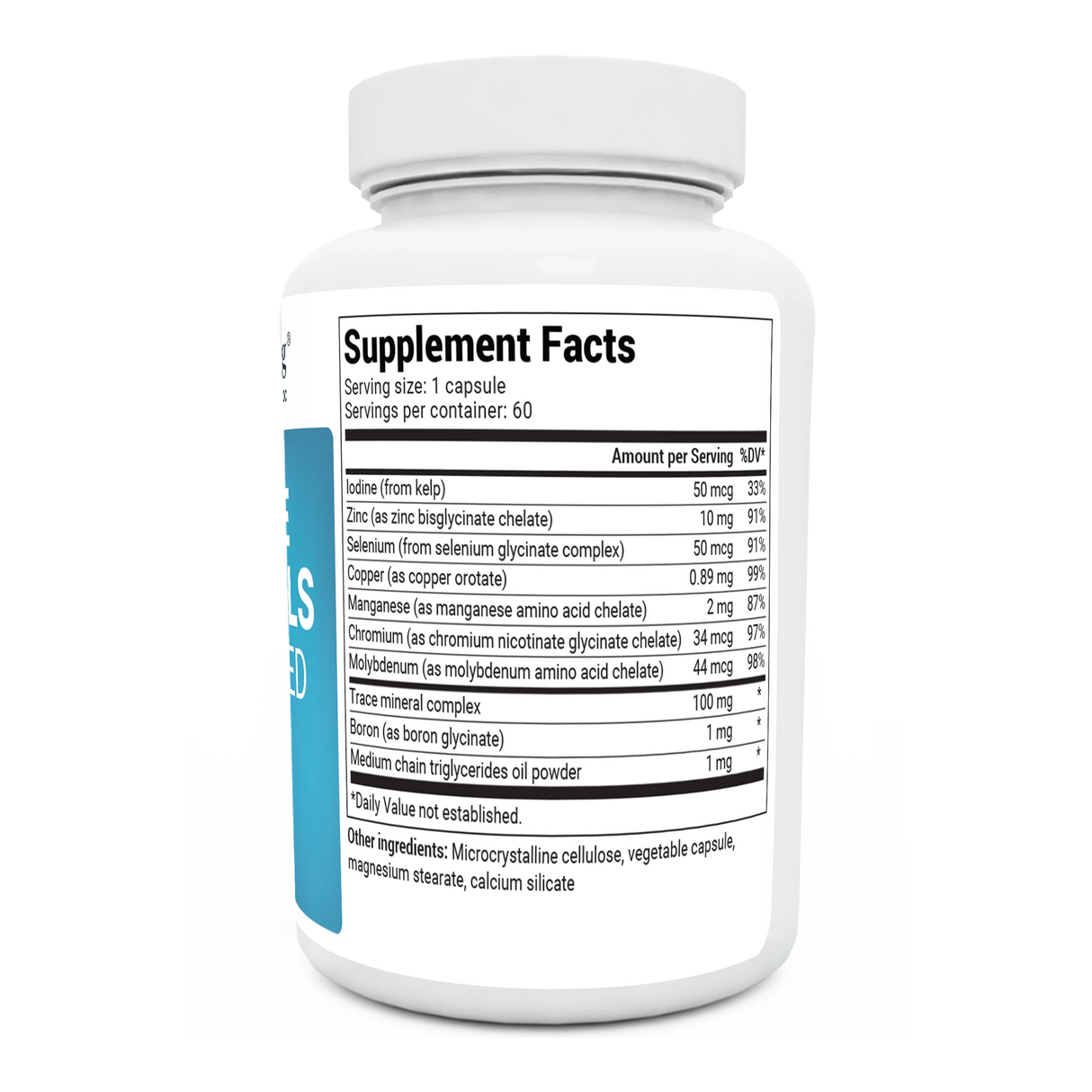 Trace Minerals Enhanced bottle label, right side view, supplement facts. 