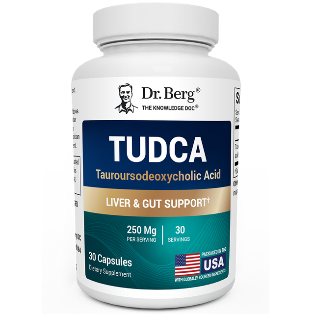 TUDCA, Tauroursodeoxycholic Acid, 30 capsules, front view, Dr. Berg branding, packaged in the U.S.A.