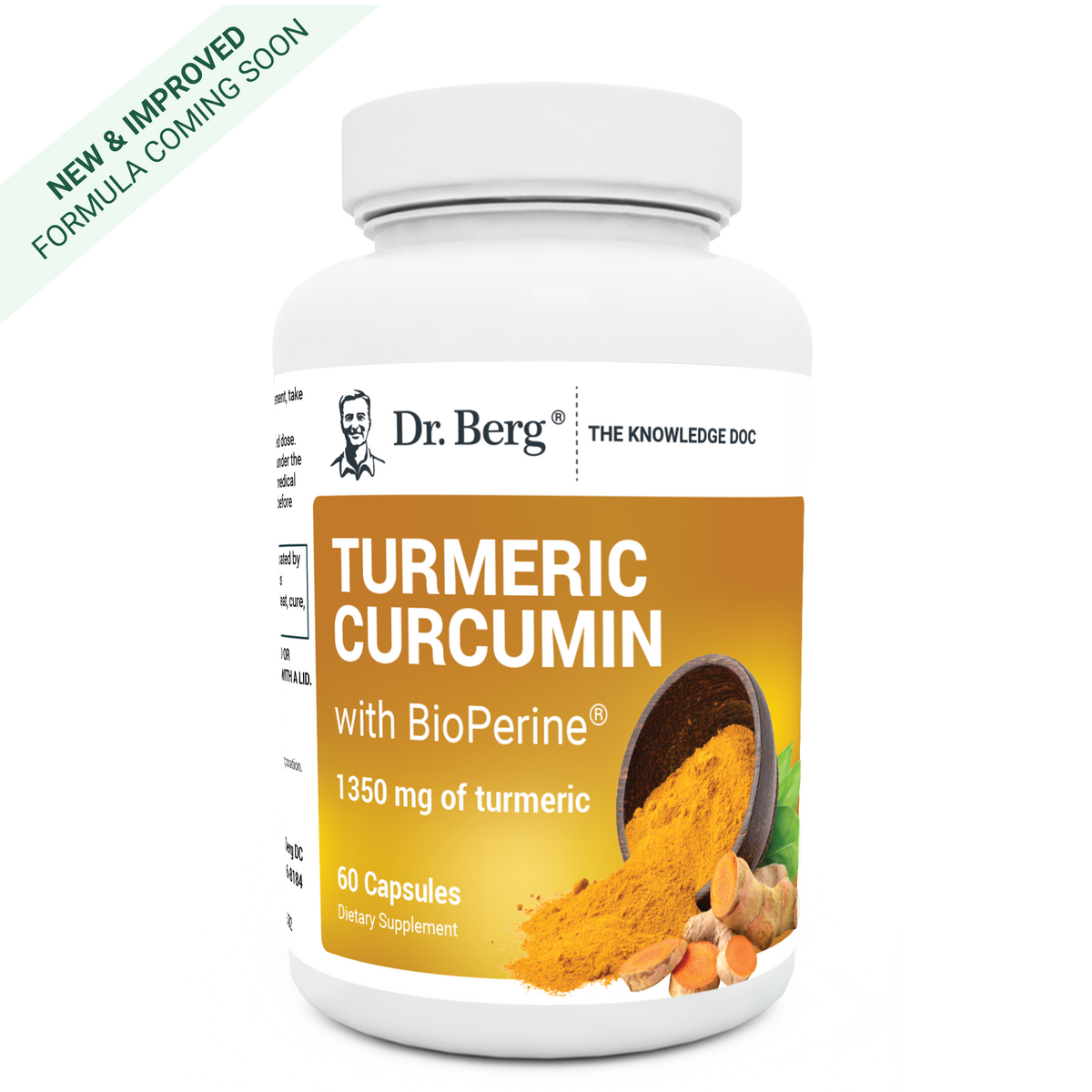 Turmeric Curcumin with BioPerine, 60 capsules, front view, bottle with Dr. Berg branding and turmeric plant on the cover. New and improved formula coming soon.