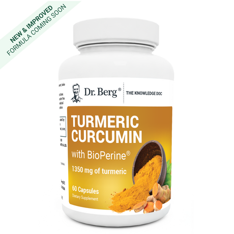Turmeric Curcumin with BioPerine, 60 capsules, front view, bottle with Dr. Berg branding and turmeric plant on the cover. New and improved formula coming soon.