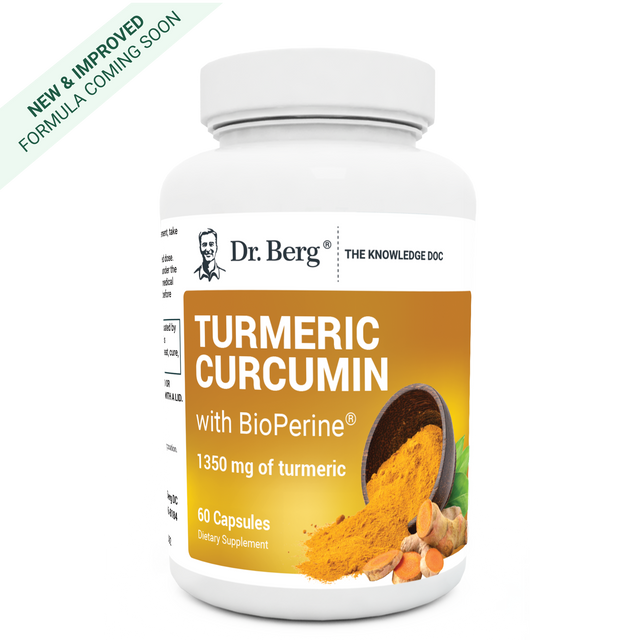 Turmeric Curcumin with BioPerine, 60 capsules, front view, bottle with Dr. Berg branding and turmeric plant on the cover. New and improved formula coming soon.