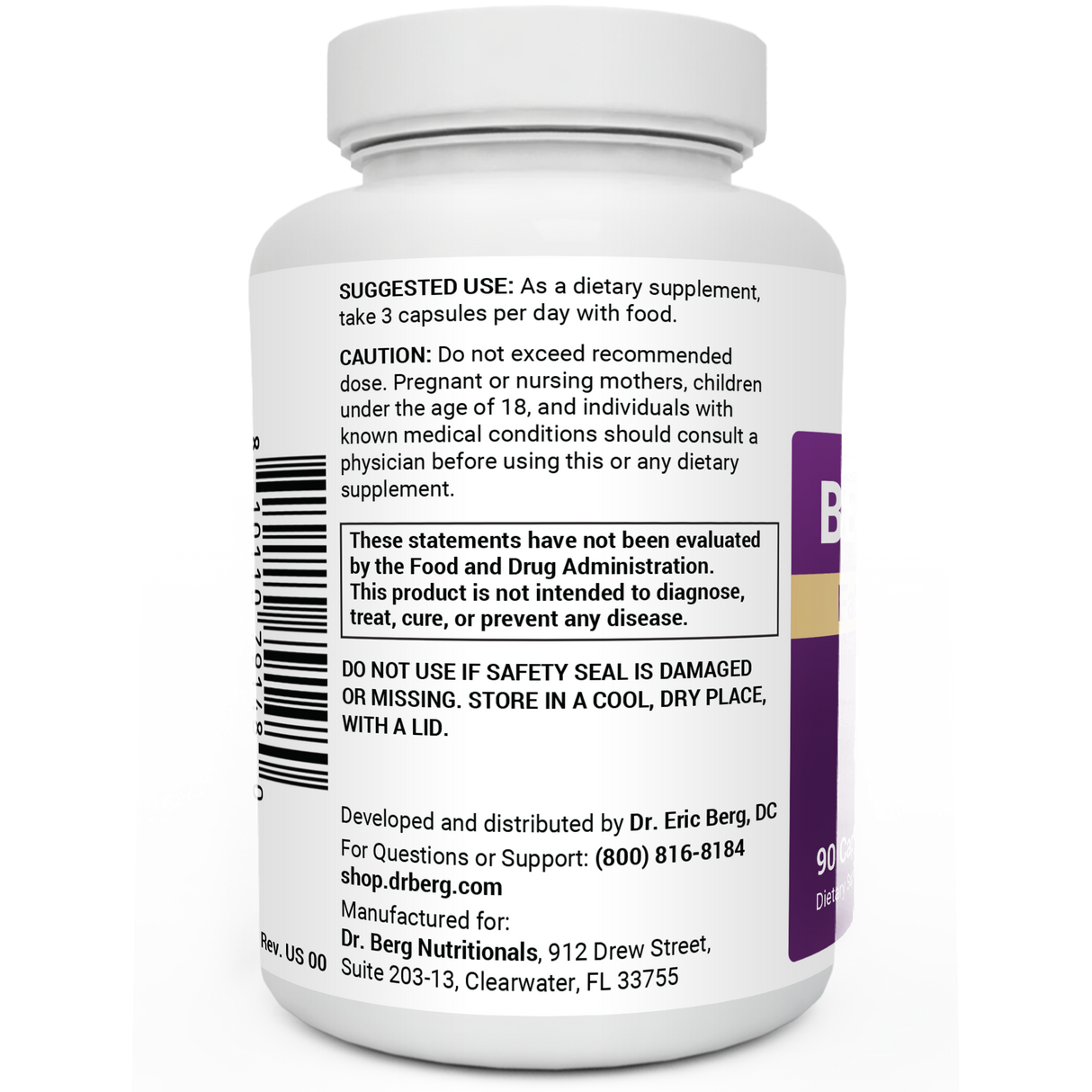 Benfotiamine bottle label, left side view, suggested use instructions, safety warning details.