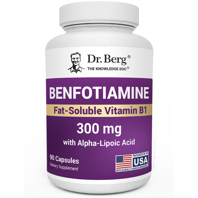 Benfotiamine Fat-Soluble Vitamin B1, 90 capsules, front view, bottle with Dr. Berg branding.