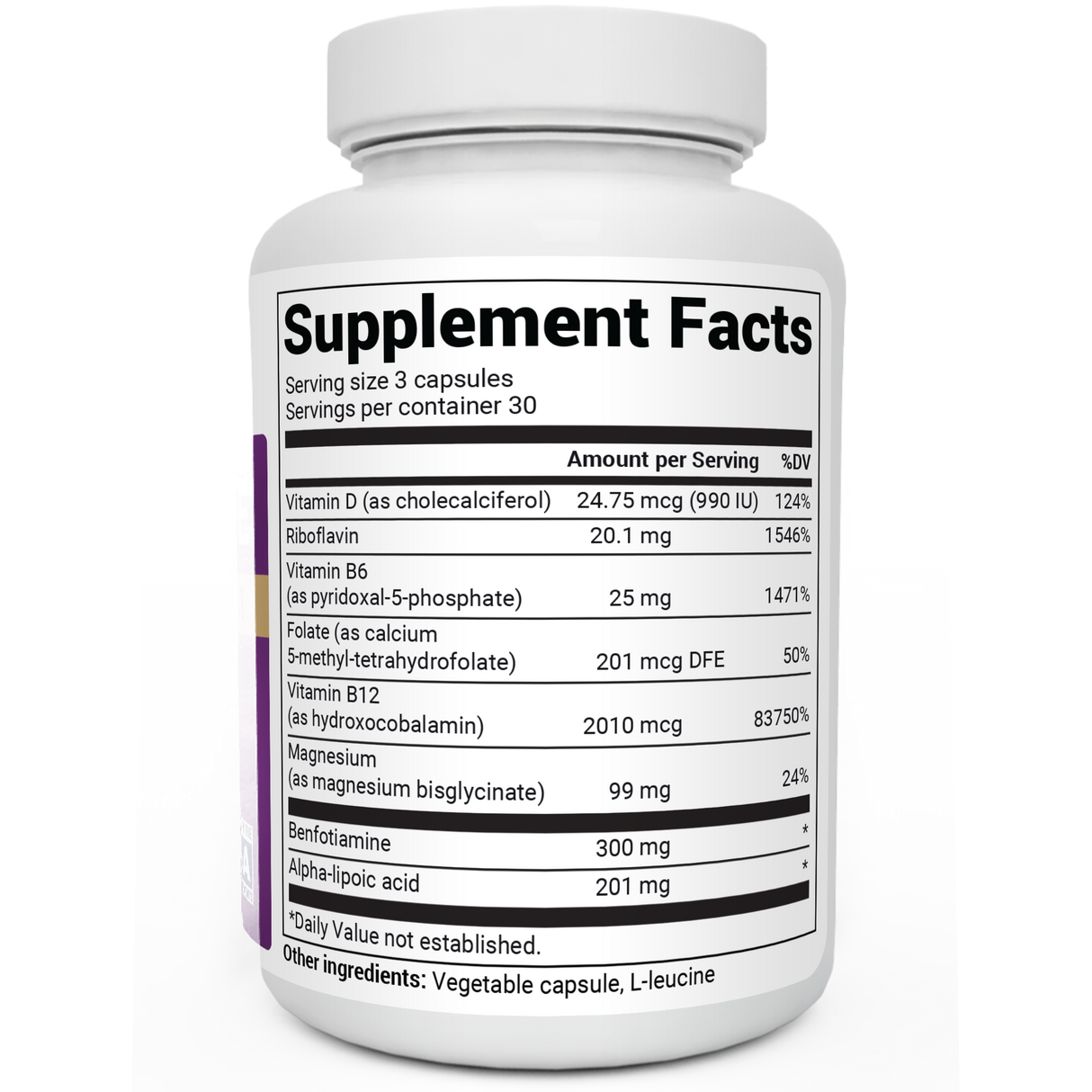 Benfotiamine bottle label, right side view, supplement facts.