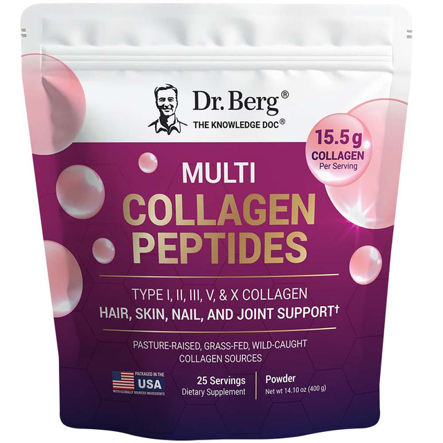 Multi Collagen Peptides, Type I, II, III, V, and X Collagen,  25 Servings, Powder, front view, Dr. Berg branding, packaged in the U.S.A.