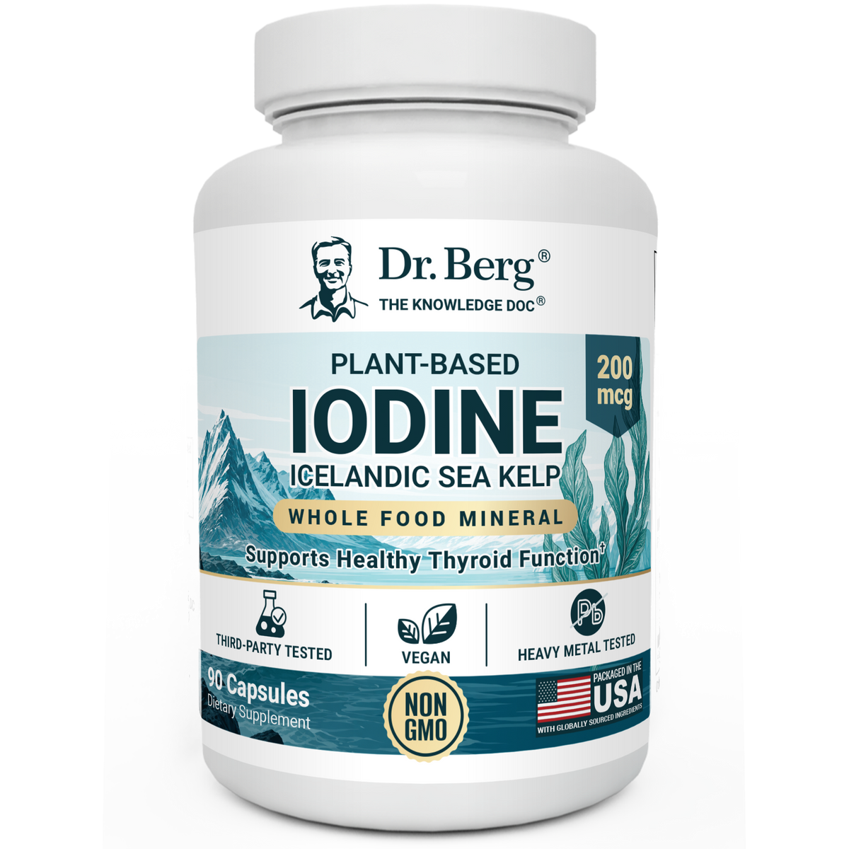 Plant-Based Iodine Icelandic Sea Kelp, 90 capsules, front view, bottle with Dr. Berg branding and seaweeds on the cover.