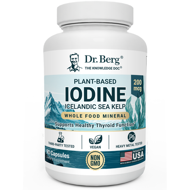 Plant-Based Iodine Icelandic Sea Kelp, 90 capsules, front view, bottle with Dr. Berg branding and seaweeds on the cover.