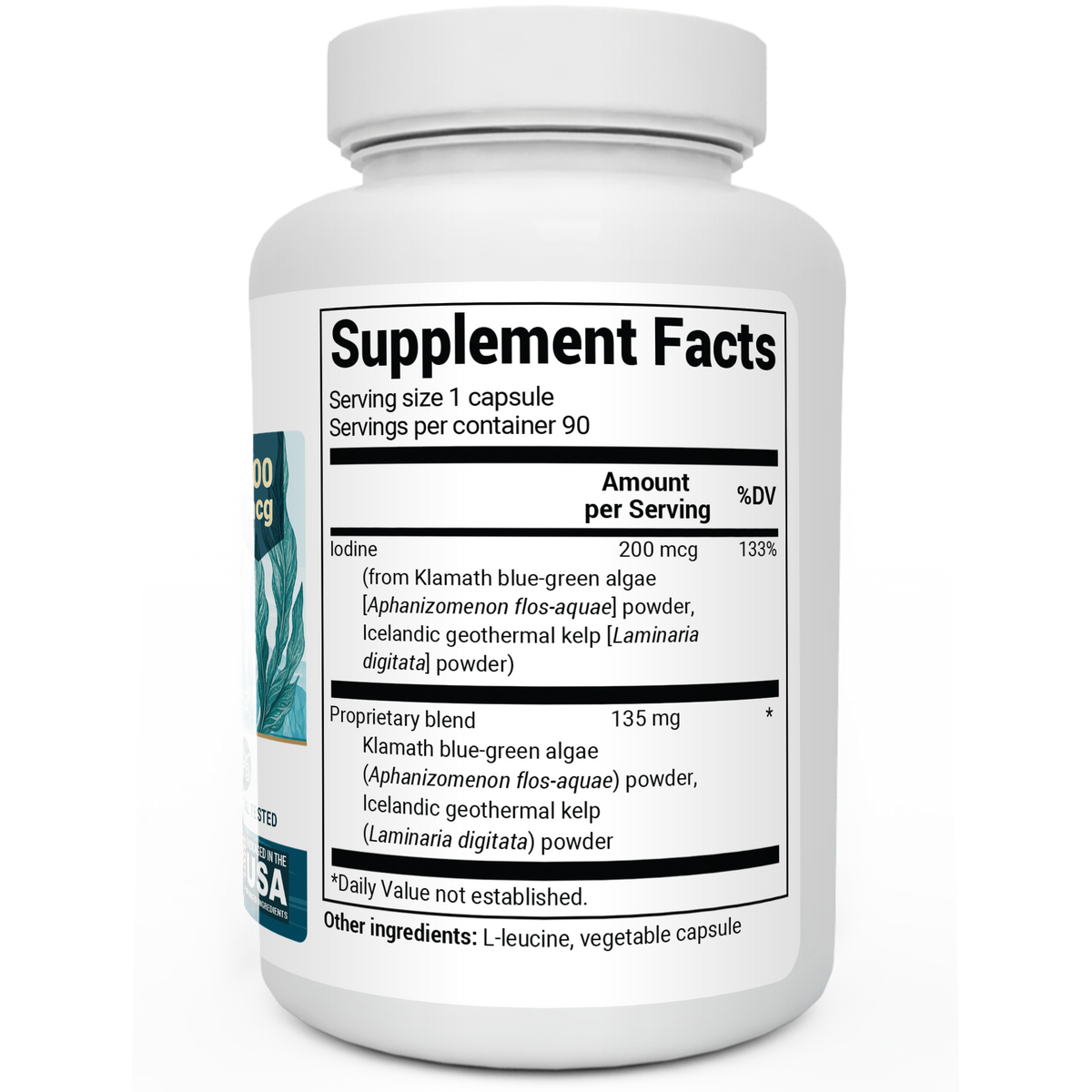 Iodine bottle label, right side view, supplement facts.