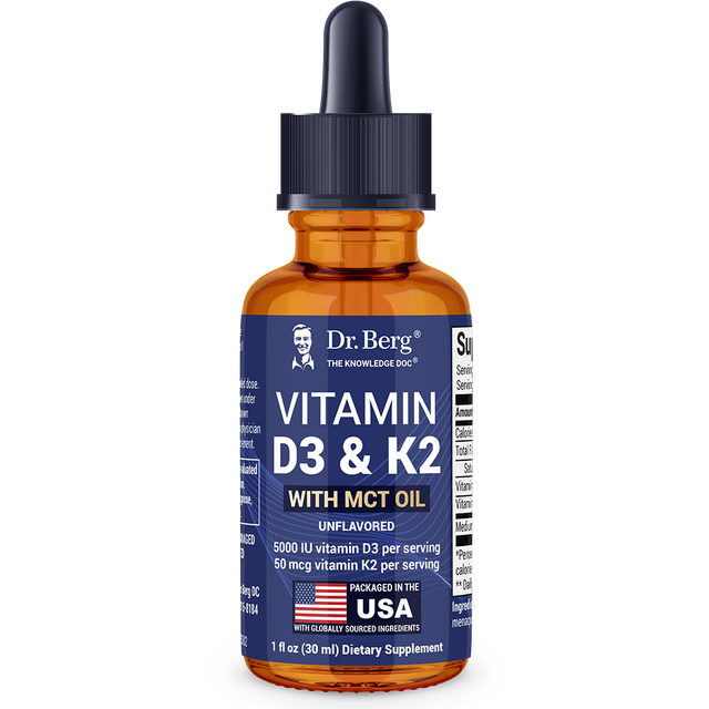 Vitamin D3 and K2 with MCT Oil, 1 fluid ounce, front view, in a glass dropper bottle, with USA flag graphic on the label. 